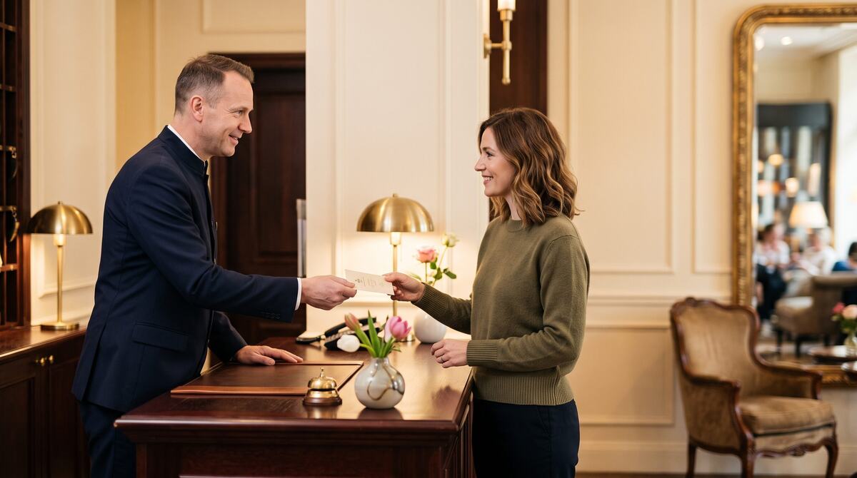 A hotel receptionist hands a guest's suitcase across the front desk