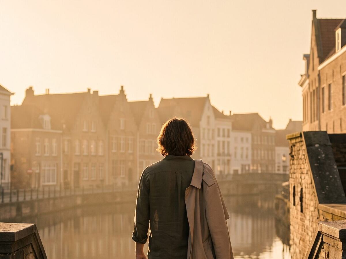 A traveller watching the sun rise over a canal in Bruges