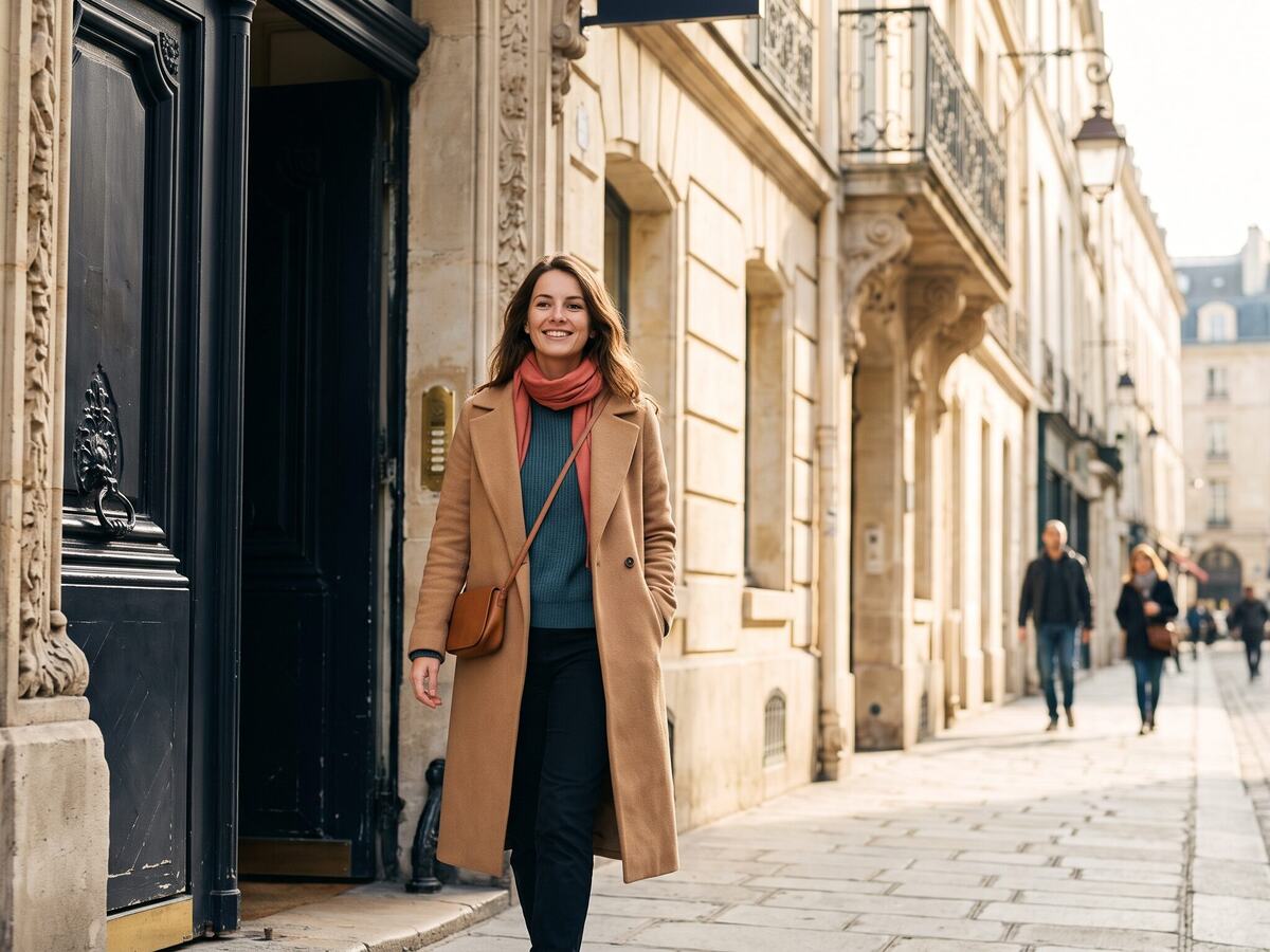 A woman walking down a street in Brussels with nothing in her hands