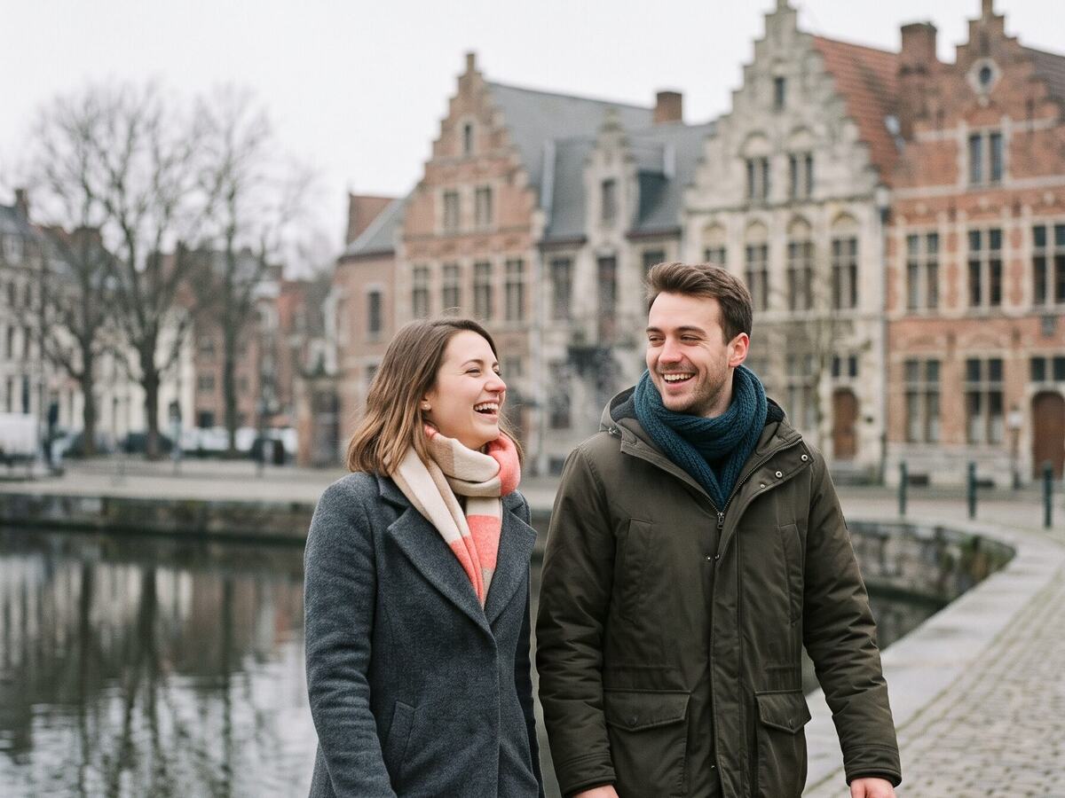 Two travellers laughing beside a canal in Ghent