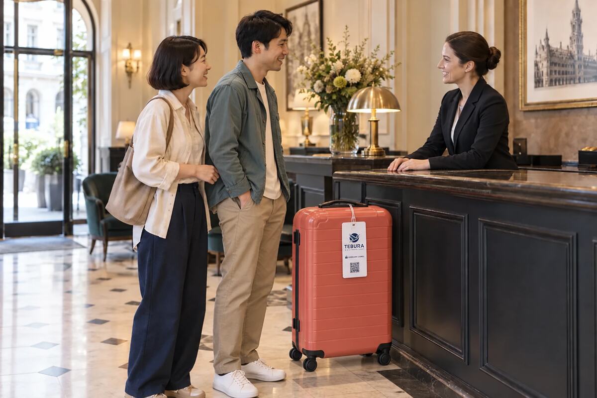 Two travellers chatting with the receptionist, a tagged suitcase beside them at the desk