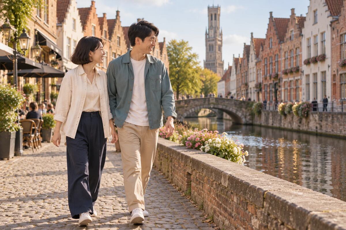 Two travellers walking beside a canal with nothing in their hands