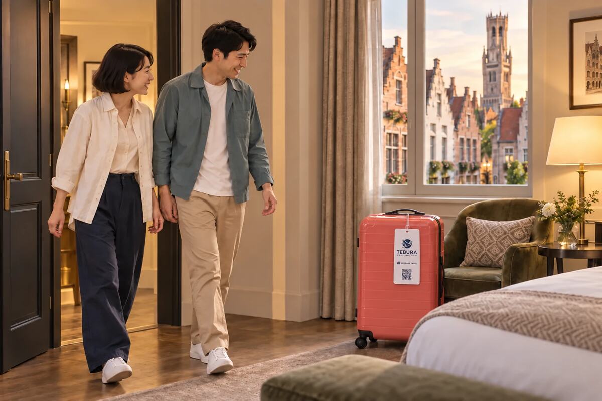 Two travellers walking into a hotel room where their suitcase is already waiting