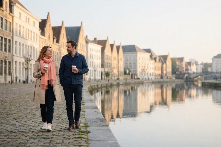 Two travellers strolling along a Bruges canal with just a coffee in hand